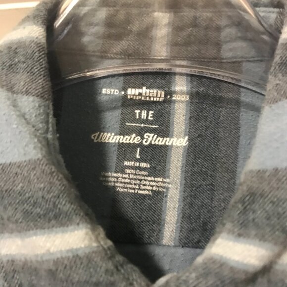 Urban Pipeline Striped Blue Navy Button up Flannel Shirt Tagless Men's Large Y2K - Picture 4 of 7